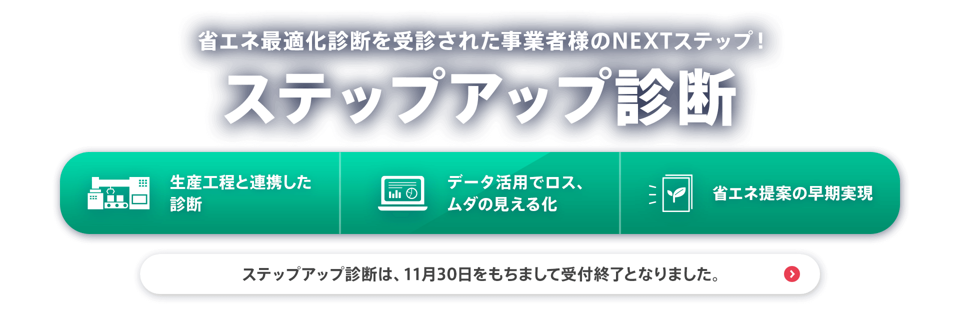 省エネ最適化診断を受診された事業者様のNEXTステップ！【ステップアップ診断】ステップアップ診断は、11月30日をもちまして受付終了となりました。